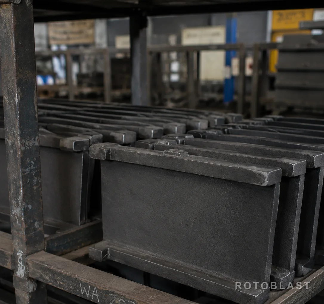 Rows of finished blast wheel blades racked at Rotoblast's works, every blade the same cast profile and length, stacked ready to ship as counted sets.