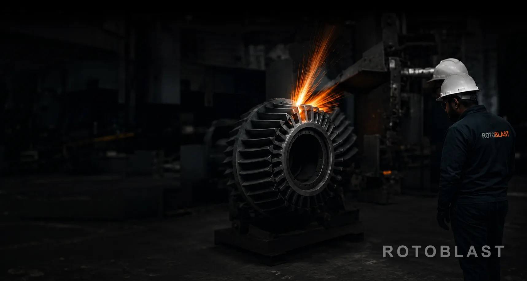 Rotoblast engineer working on a blast wheel assembly on the shop floor