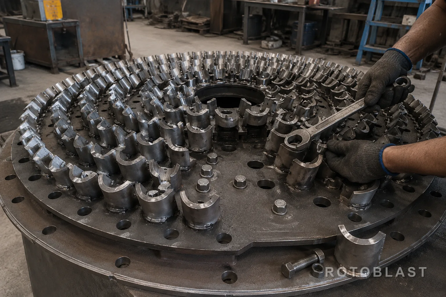 Segments being unbolted from a table top during maintenance — spanner in shot, some segments already lifted out so the bolt pattern is visible. Wide, natural workshop light.