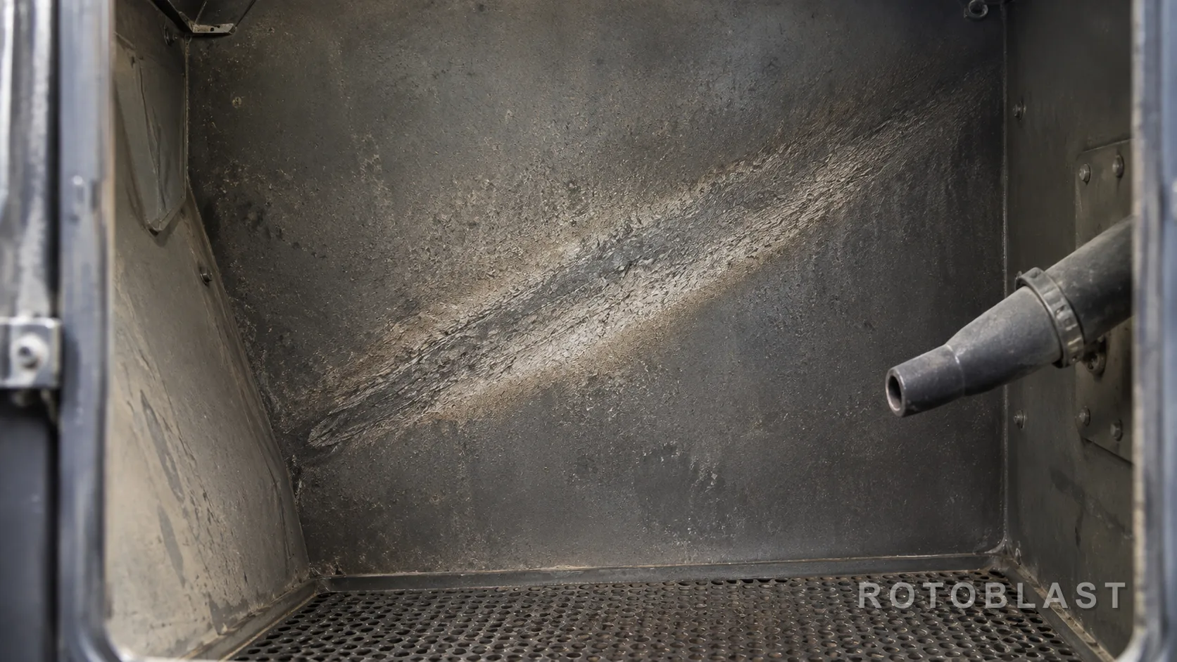 SUBJECT: the inside of a blast cabinet showing the wear scar the stream has cut into the liner — the physical footprint of the pattern. FRAMING: landscape 16/9, the scar running diagonally through frame. LIGHTING: available factory light, honest, no styling. ANGLE: straight into the cabinet from the door opening. ENGINEERING STORY: the pattern leaves a mark, and you can read where it has been landing. PURPOSE: proves the abstract fan is a real, measurable thing inside the reader's own machine.