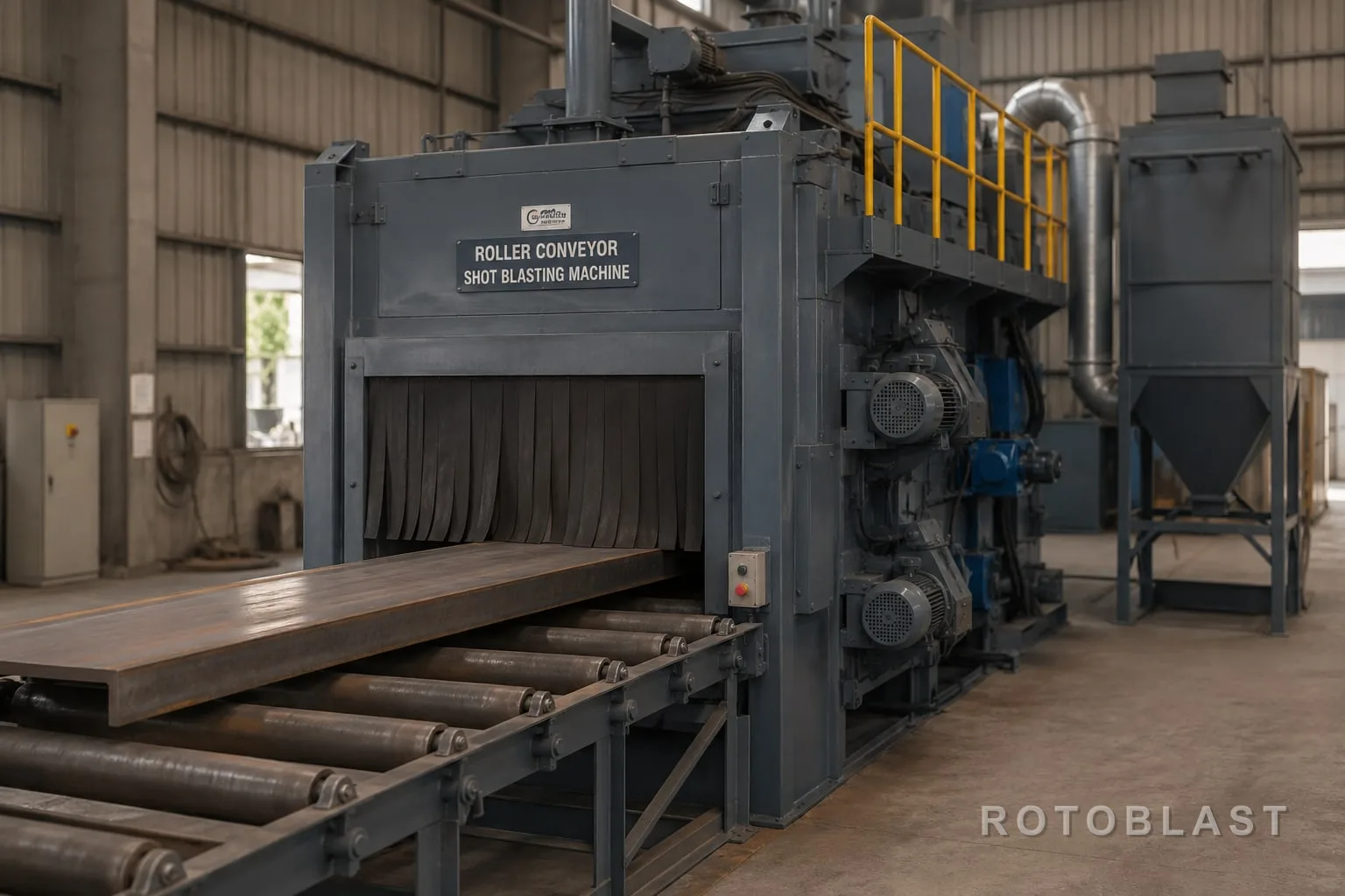 Infeed conveyor with steel plate or beam entering — natural workshop light, shallow depth of field.