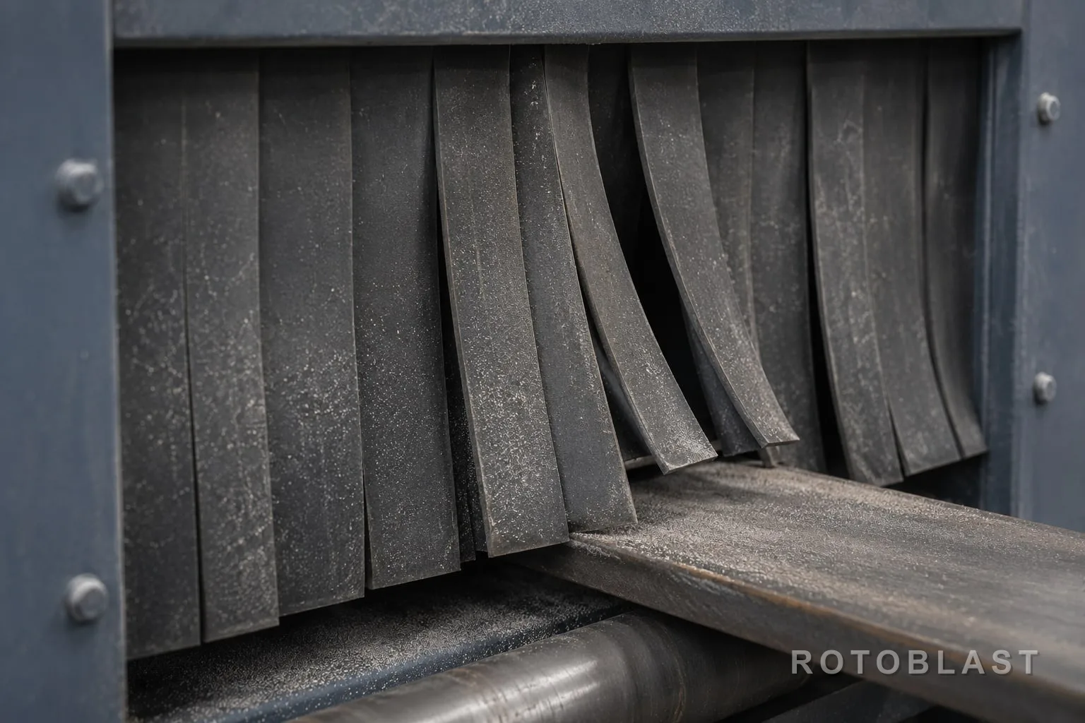 Close-up of rubber curtain seals at the tunnel mouth, abrasive dust visible on the surface.