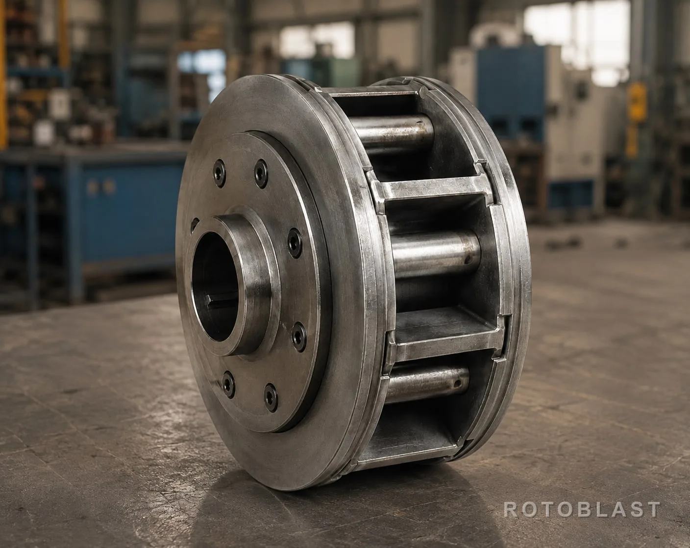 Blast wheel mounted on the tunnel housing, viewed from outside — or through an inspection port if safe.
