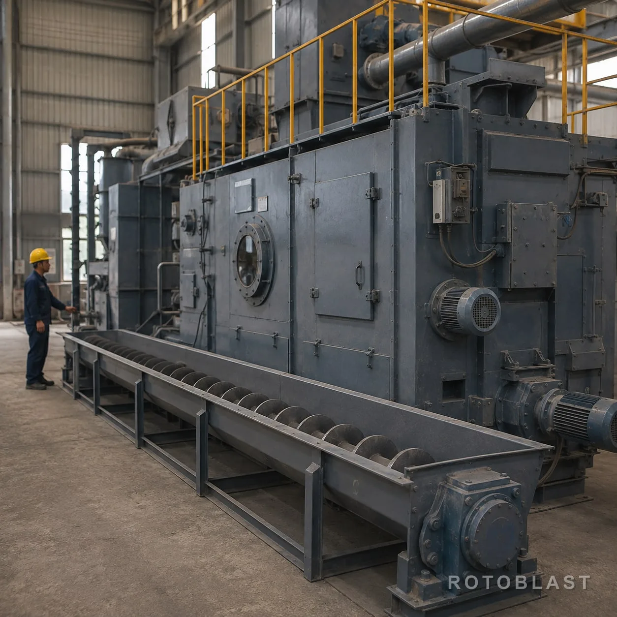 Bucket elevator or screw conveyor run alongside the machine, full height, showing scale.