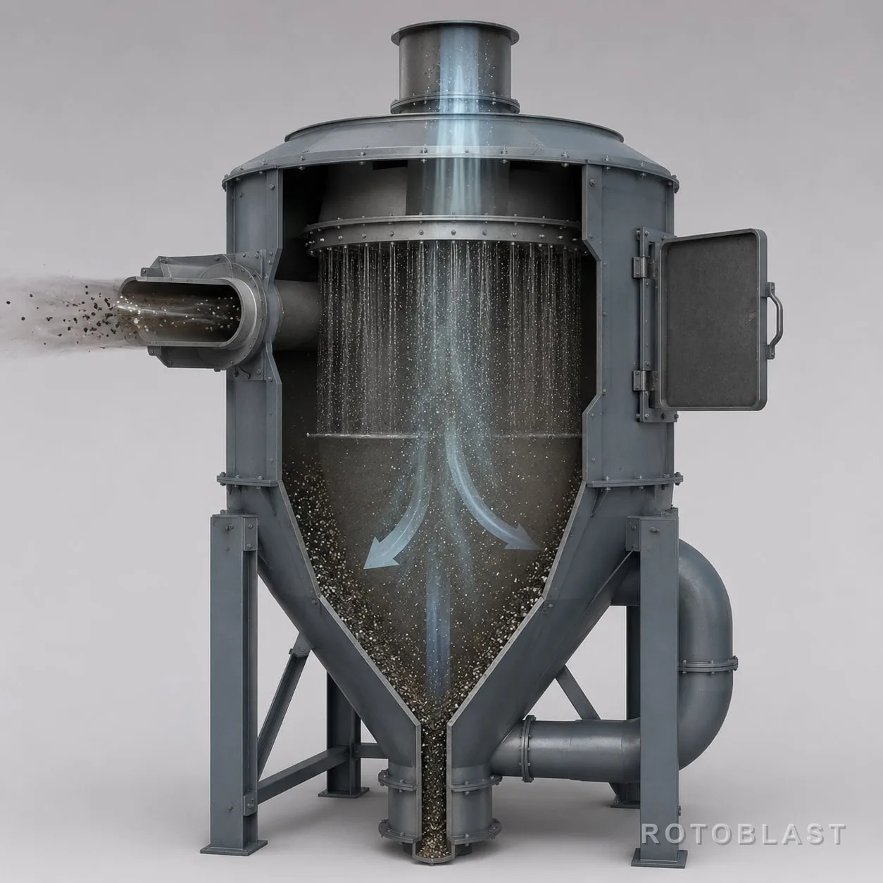 Air-wash separator unit, ideally with the inspection hatch open showing the abrasive curtain.