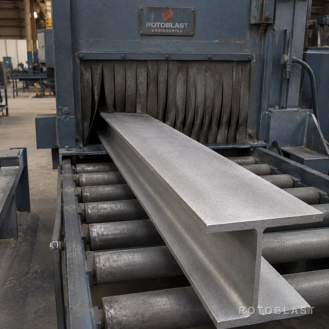 Freshly blasted steel leaving the outfeed — bright cleaned surface against the darker machine.