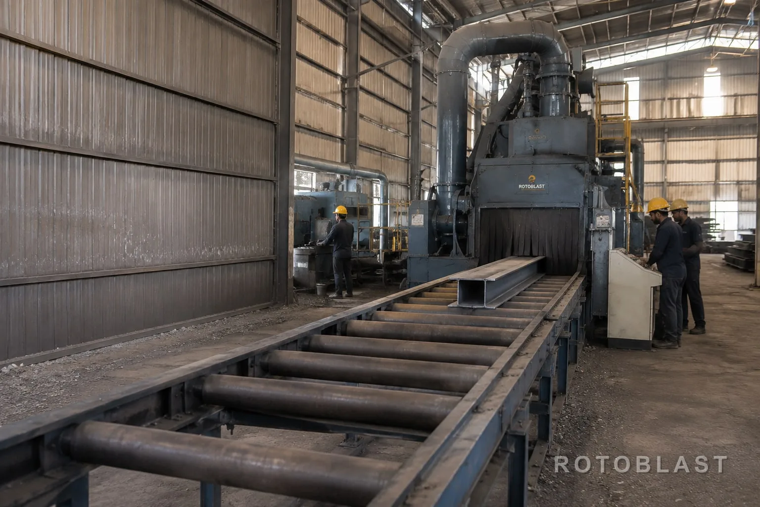 Wide factory documentary shot — full roller conveyor line in situ, workers present, natural light. Landscape, room at one side for text.