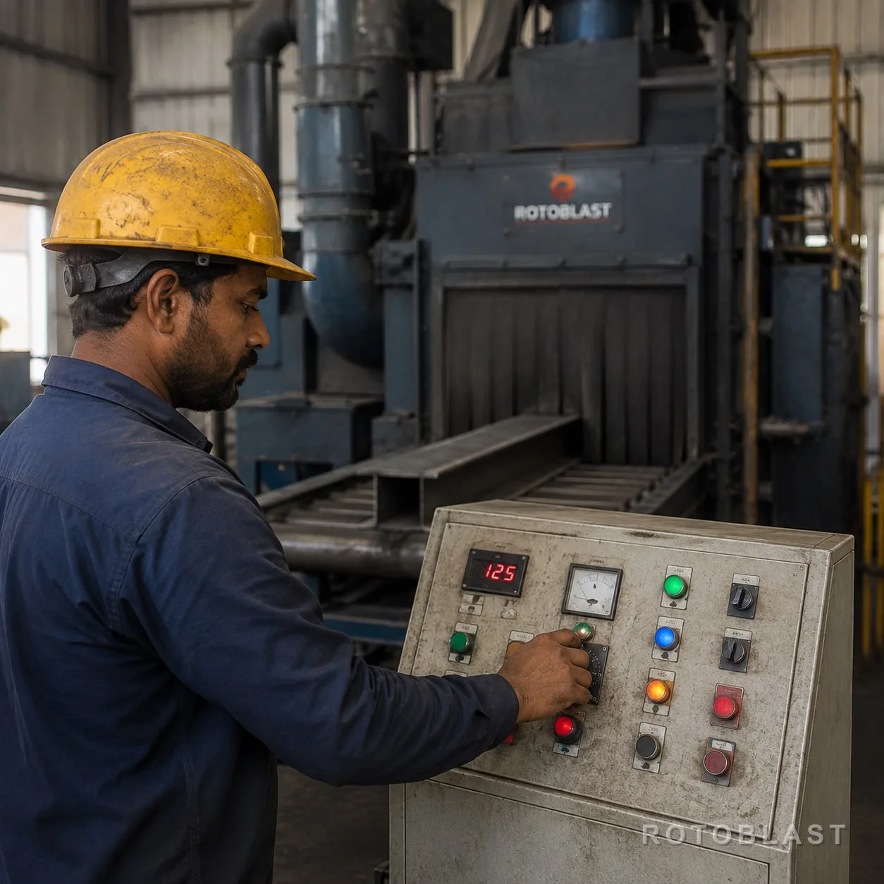 Operator at the line control panel — hand on the speed dial, machine out of focus behind. Portrait orientation.