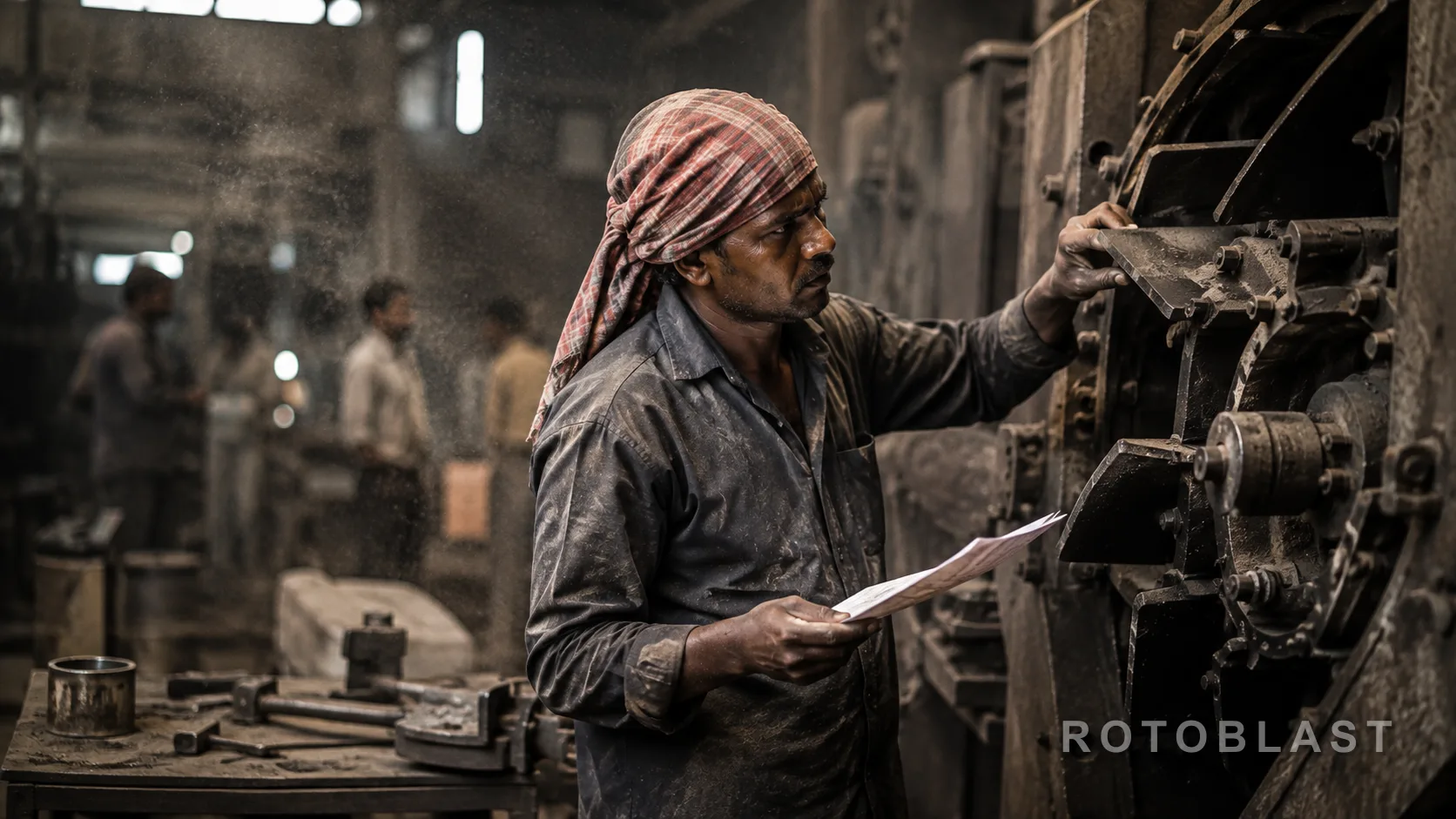 Rotoblast engineer opening a shot blasting machine's blast wheel housing to inspect the blades and control cage