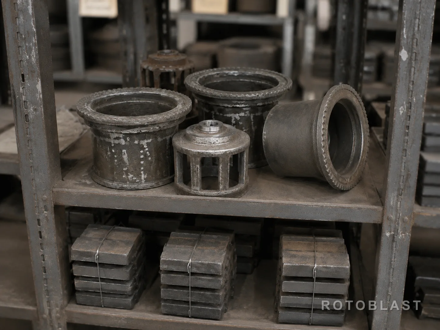 Rotoblast spare parts on the works shelf — blast wheel housings, control cages and stacked wear liners, ready for despatch.