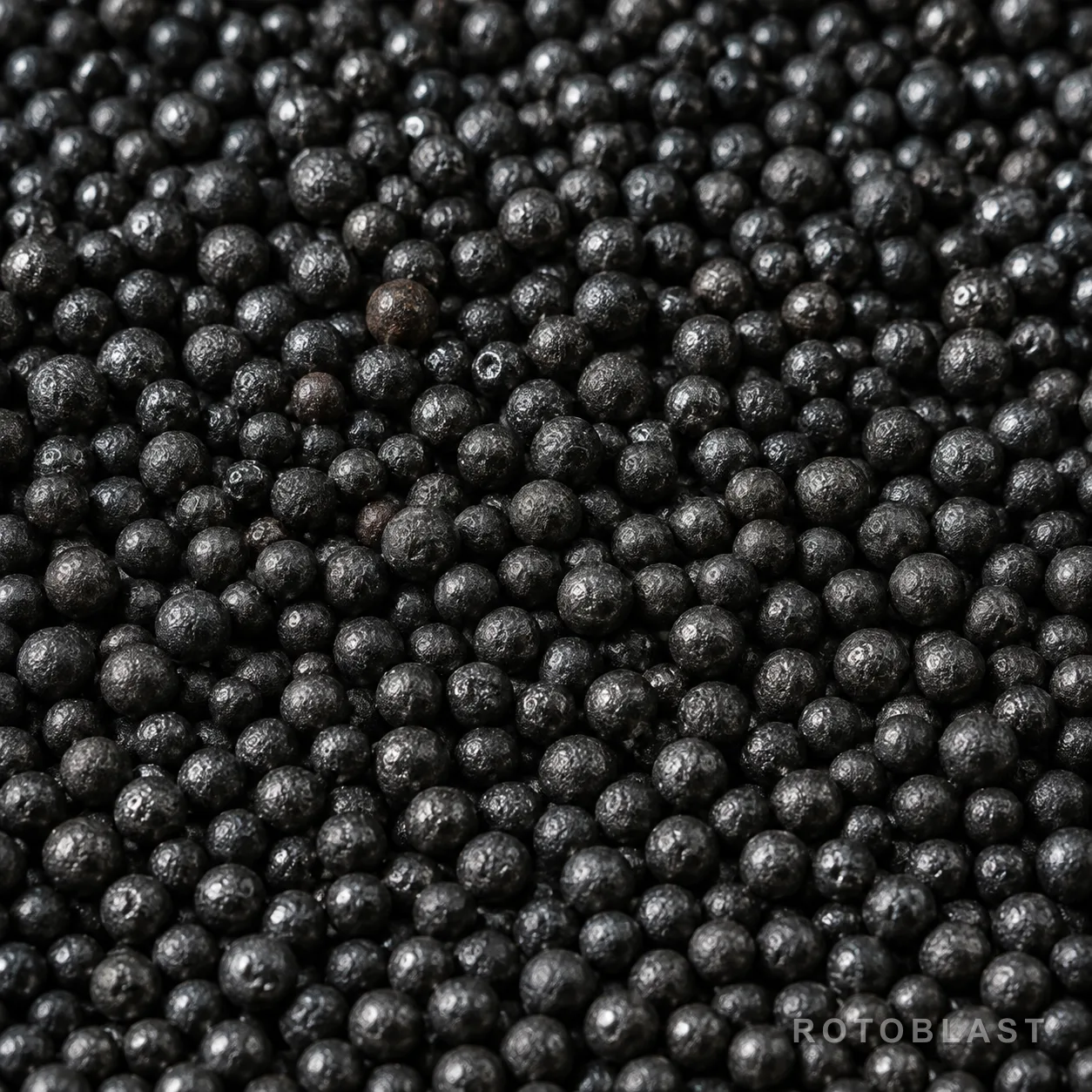 Macro of cast steel shot filling the frame — individual spheres sharp enough to read surface texture and size variation. Raking light, dark background.