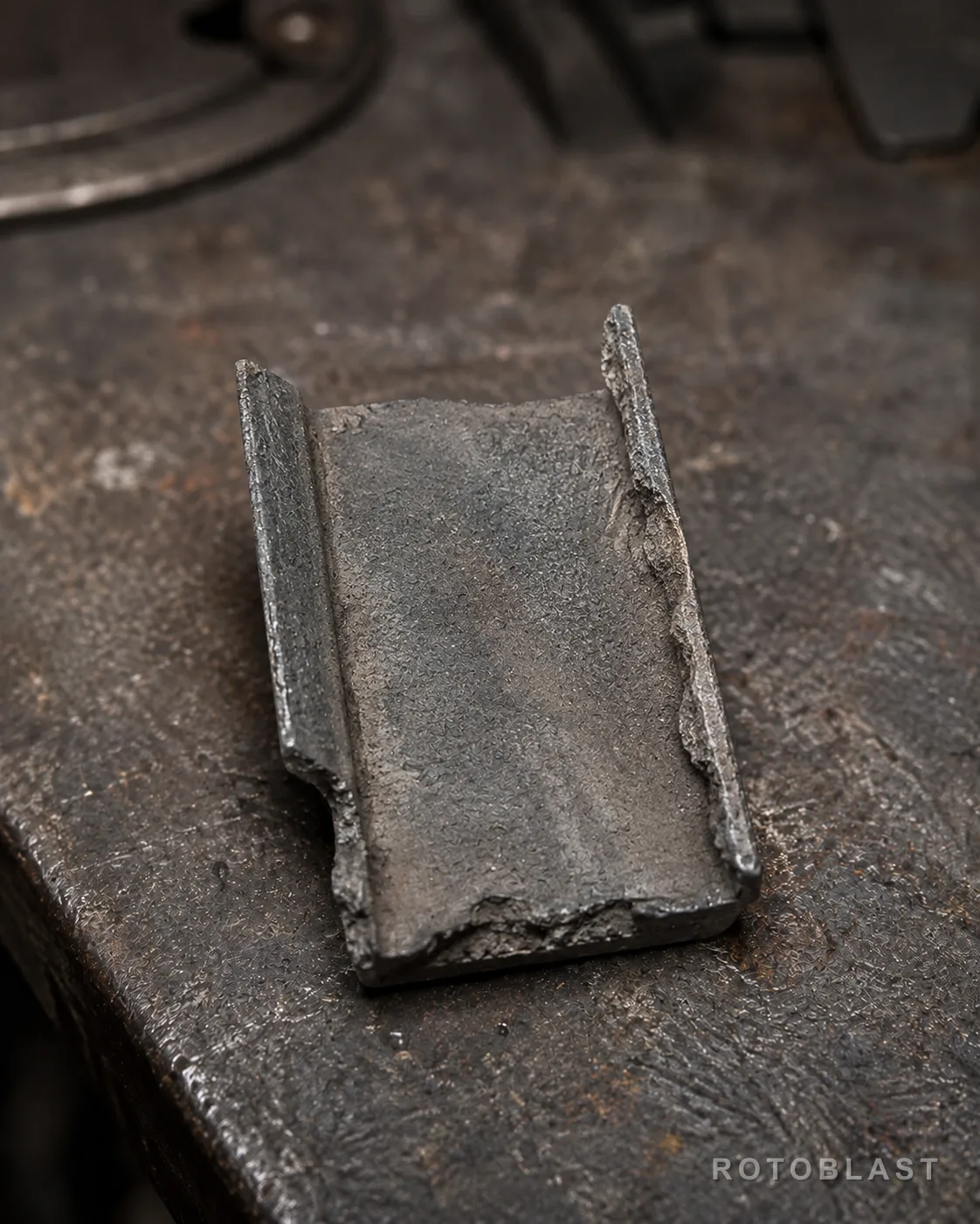 A blast wheel blade worn well past its profile, edges eroded and broken away