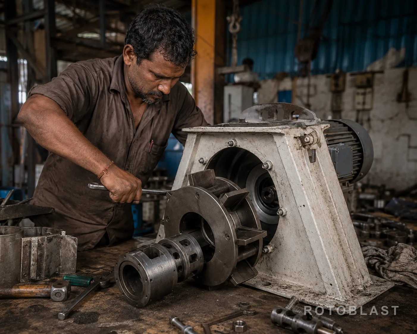 Rotoblast engineer fitting the impeller into a blast wheel assembly housing