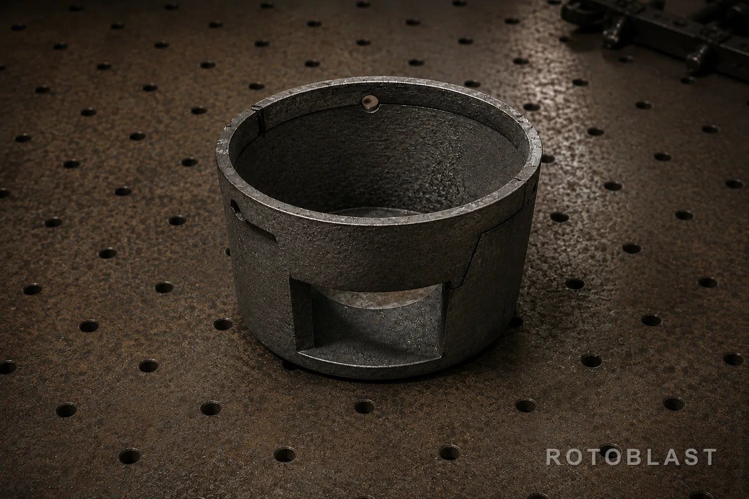 Rotoblast control cage for a shot blasting machine blast wheel, on a machine shop fitting table