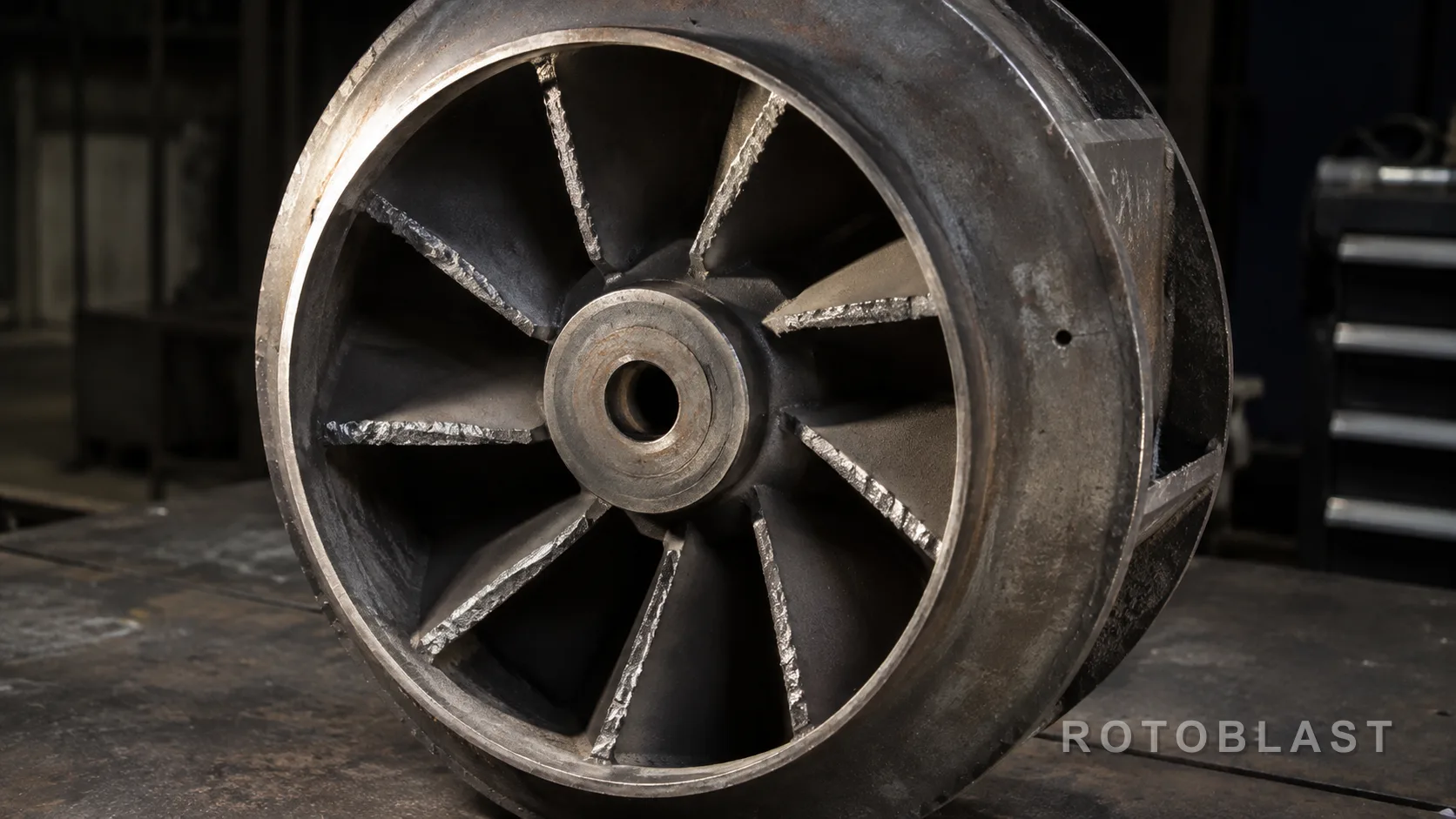 SUBJECT: one worn fan impeller stood on a bench, viewed into the inlet eye so the blade edges are seen end-on. FRAMING: landscape 16/9, wheel filling the middle two-thirds. LIGHTING: hard raking light from the left so the thinned, scalloped blade edges catch and the shadow shows how much metal is gone. ANGLE: slightly off-axis into the eye. ENGINEERING STORY: the erosion is on the leading edges and nowhere else. PURPOSE: shows a failure the reader has never actually looked at, because the wheel lives inside a sealed housing.