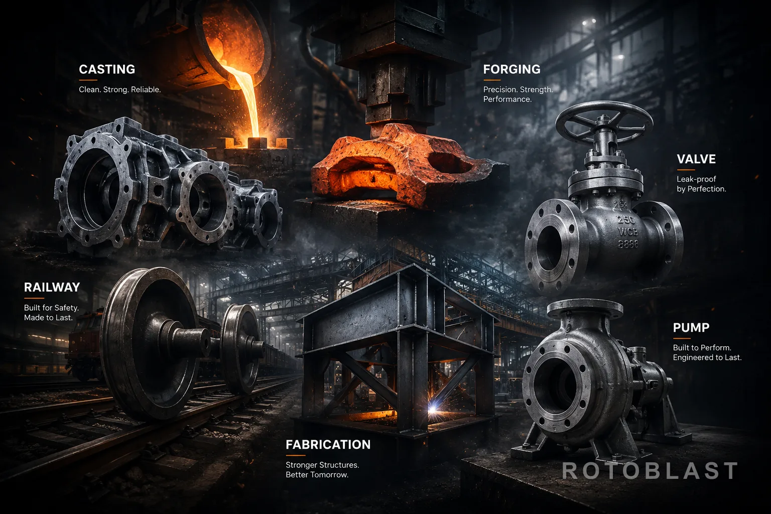 Castings, forgings, valve bodies, pump casings, railway wheel sets and fabricated structures — the component families Rotoblast machines are built to clean.