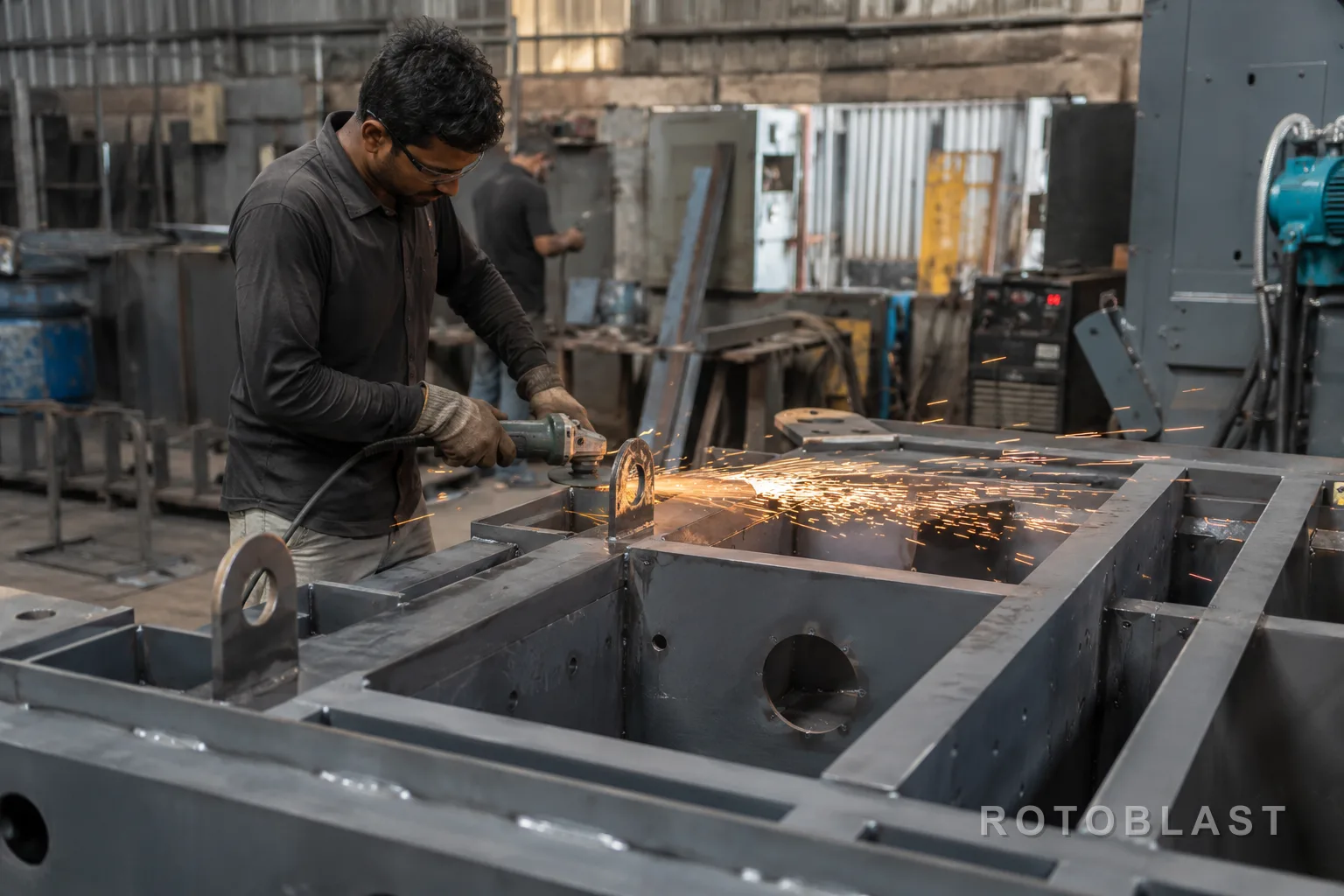 Rotoblast engineer fabricating a shot blasting machine cabinet in the Faridabad workshop