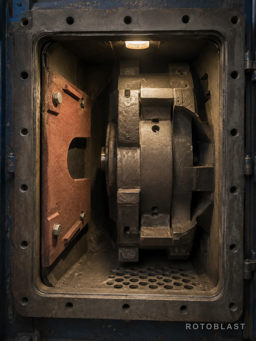 SUBJECT: blast wheel housing opened, one side liner still bolted in place beside the wheel. FRAMING: portrait, looking into the open housing. LIGHTING: work lamp inside, hard shadow behind the wheel. ANGLE: square on to the open face. ENGINEERING STORY: shows where the part actually lives — most buyers have never seen it fitted. PURPOSE: locates the product before a word is read.