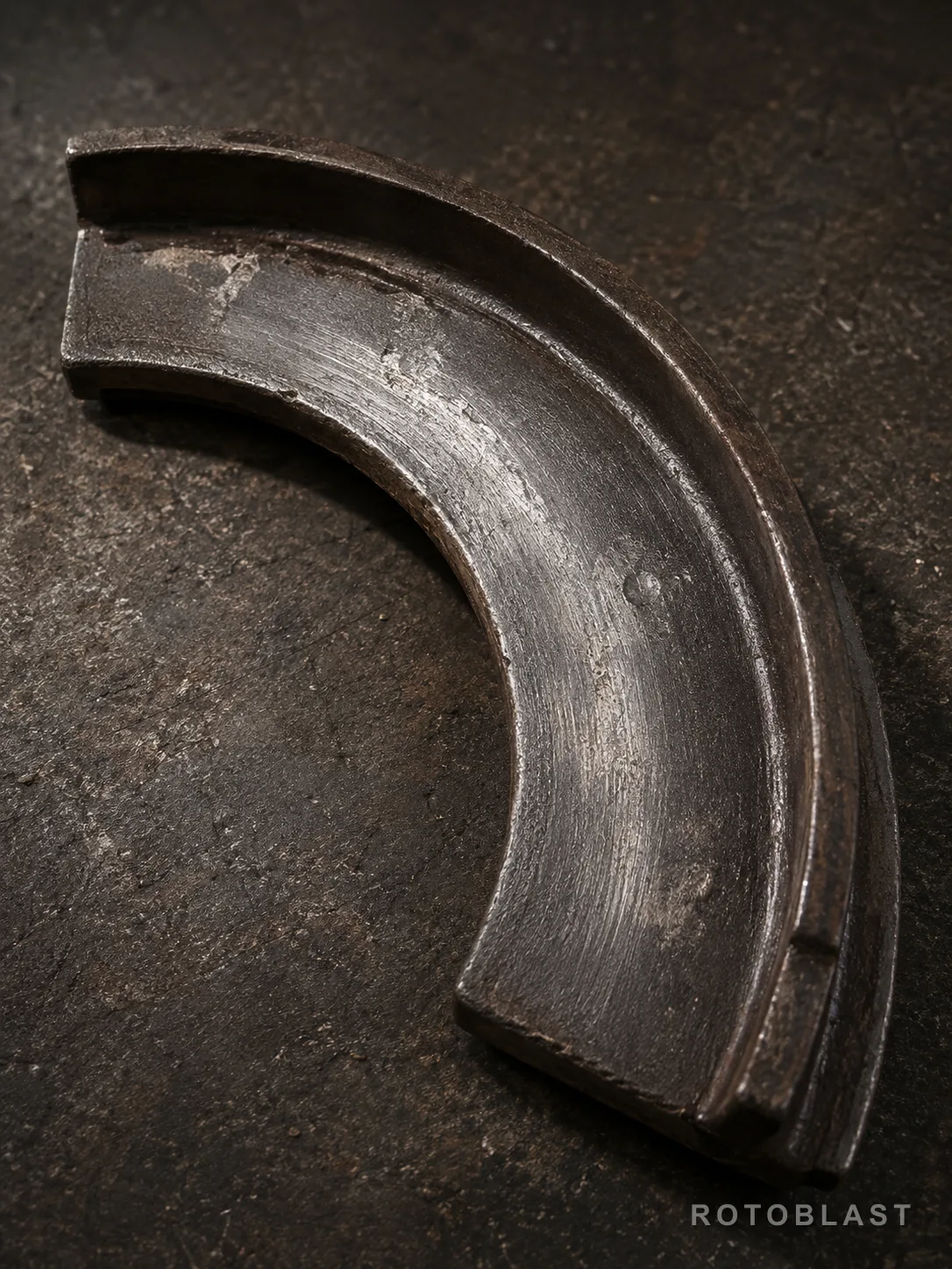 SUBJECT: a used side liner removed from the machine, wear face up. FRAMING: portrait, plate filling the frame. LIGHTING: hard raking light across the face so the worn track reads clearly. ANGLE: slightly above, along the wear direction. ENGINEERING STORY: the polished band where abrasive has been sweeping past. PURPOSE: pairs with SL-01 — fitted, then finished.
