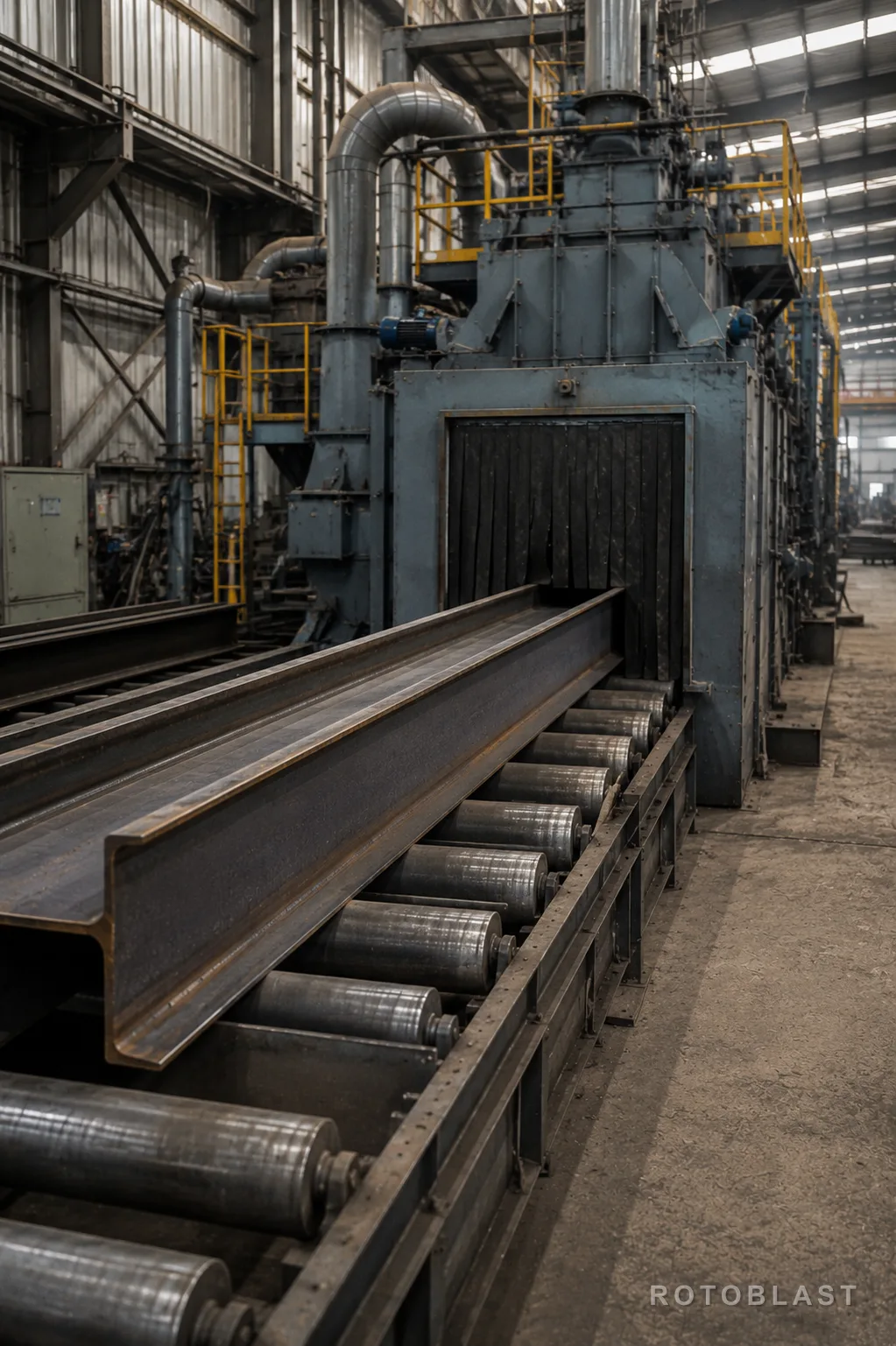 A roller conveyor shot blasting line running in a plant, structural steel sections travelling into the blast cabinet on driven rollers.