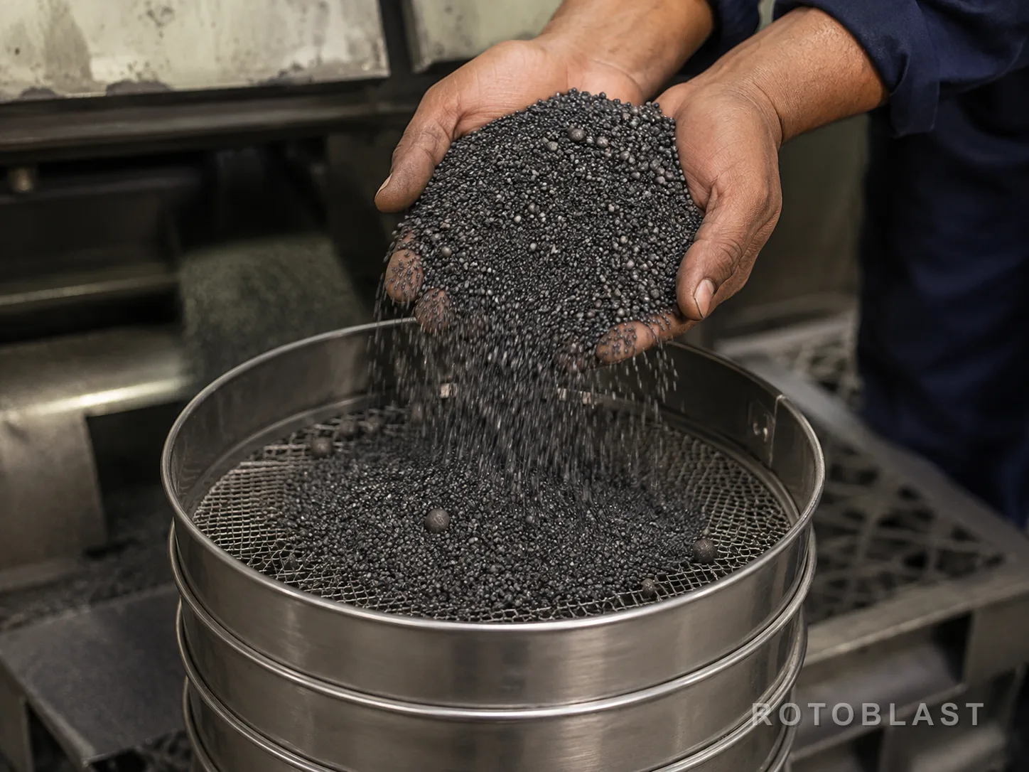 Abrasive sample being drawn from the machine or poured over a sieve stack — hands in frame, mixed particle sizes visible.