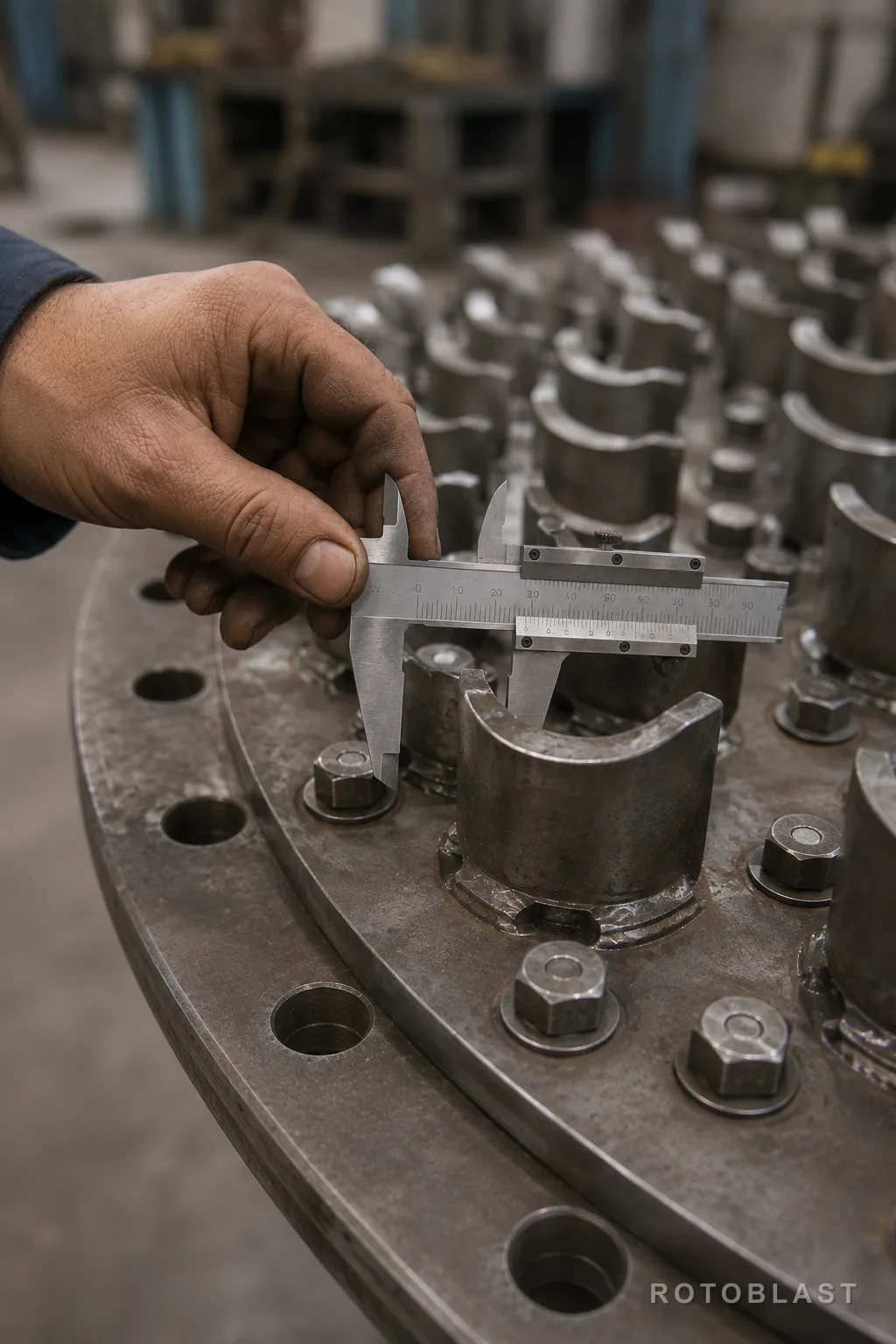 Maintenance engineer's hand measuring segment thickness with a gauge or vernier — worn segment still bolted in place. Natural light, shallow depth of field.