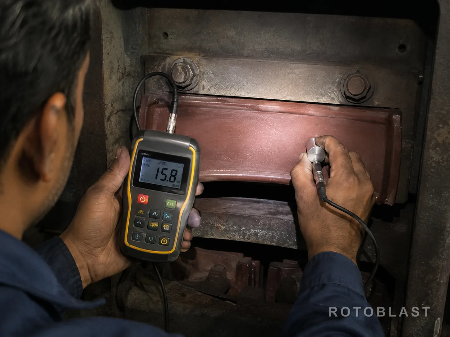 SUBJECT: maintenance engineer measuring liner thickness with a vernier or ultrasonic gauge, plate still bolted in the machine. FRAMING: over-the-shoulder, tool and plate both readable. LIGHTING: torch or work lamp, honest workshop light. ANGLE: eye level, close. ENGINEERING STORY: this is a measurement job, not a visual guess. PURPOSE: shows the correct habit the section is asking for.