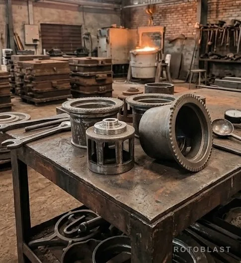 Cast blast wheel hubs of different sizes and a control cage on a foundry workbench, with a ladle pouring molten metal in the background